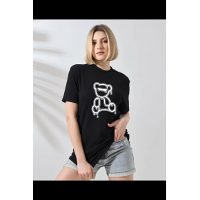 Kadın Bisiklet Yaka Baskılı  Kısa kol T-Shirt - Siyah