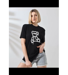 Kadın Bisiklet Yaka Baskılı  Kısa kol T-Shirt - Siyah