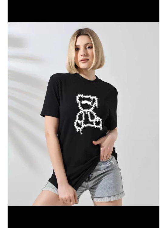 Kadın Bisiklet Yaka Baskılı Kısa kol T-Shirt - Siyah Kadın Bisiklet Yaka Baskılı Kısa kol T-Shirt - Siyah
