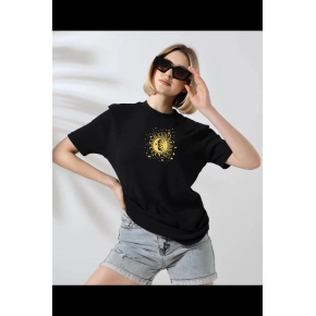 Kadın Bisiklet Yaka Baskılı  Kısa kol T-Shirt - Siyah