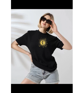 Kadın Bisiklet Yaka Baskılı  Kısa kol T-Shirt - Siyah
