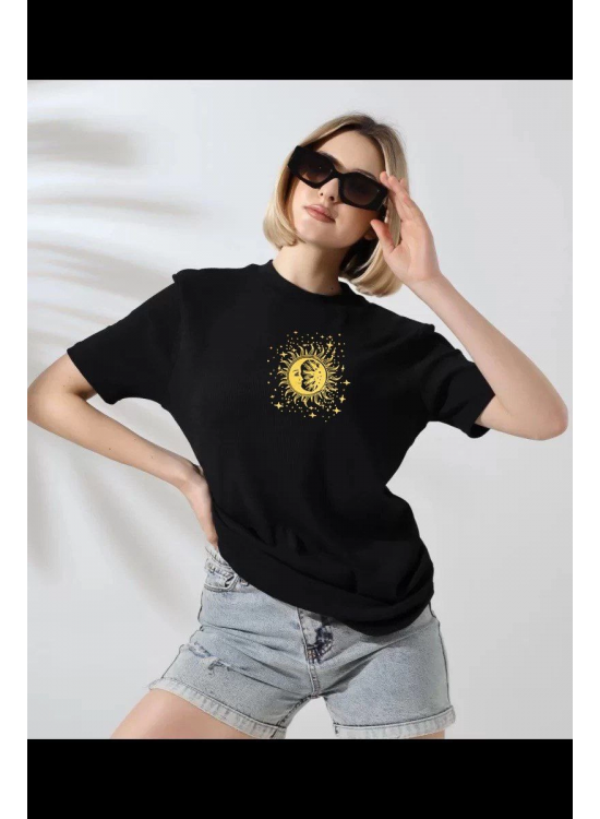 Kadın Bisiklet Yaka Baskılı Kısa kol T-Shirt - Siyah Kadın Bisiklet Yaka Baskılı Kısa kol T-Shirt - Siyah