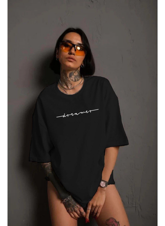 Kadın Bisiklet Yaka Baskılı kısa kol T-Shirt - Siyah Kadın Bisiklet Yaka Baskılı kısa kol T-Shirt - Siyah