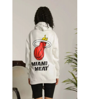 Kadın Oversize Kapüşonlu Cepli Baskılı 3 İplik Pamuklu Hoodie Sweatshirt - Beyaz