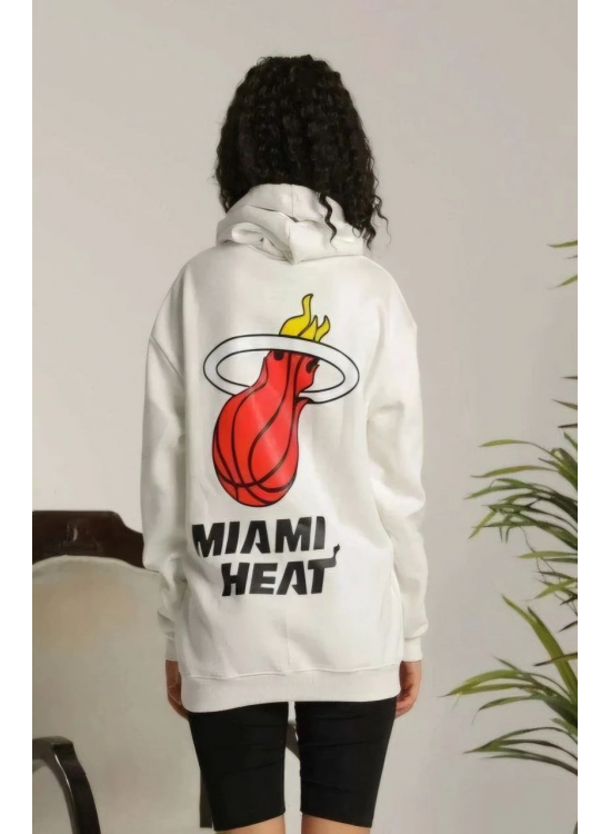 Kadın Oversize Kapüşonlu Cepli Baskılı 3 İplik Pamuklu Hoodie Sweatshirt - Beyaz
