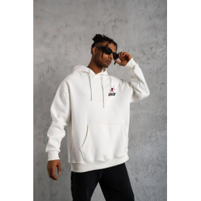 Erkek 3 İplik Pamuklu Kapüşonlu Baskılı Cepli Oversize Sweatshirt Hoodie - Beyaz