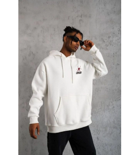 Erkek 3 İplik Pamuklu Kapüşonlu Baskılı Cepli Oversize Sweatshirt Hoodie - Beyaz