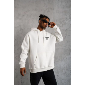 Erkek 3 İplik Pamuklu Kapüşonlu Baskılı Cepli Oversize Sweatshirt Hoodie - Beyaz
