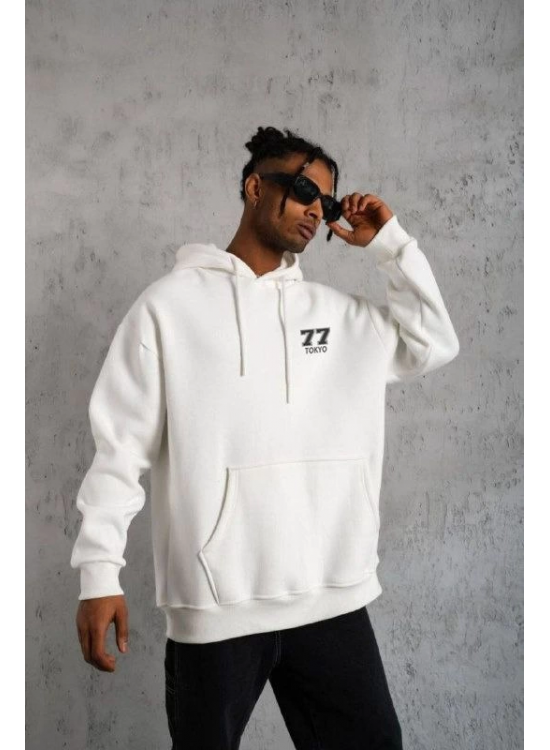 Erkek 3 İplik Pamuklu Kapüşonlu Baskılı Cepli Oversize Sweatshirt Hoodie - Beyaz