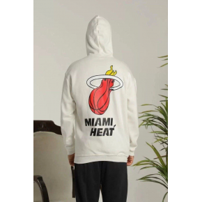 Erkek 3 İplik Pamuklu Kapüşonlu Baskılı Cepli Oversize Sweatshirt Hoodie - Beyaz