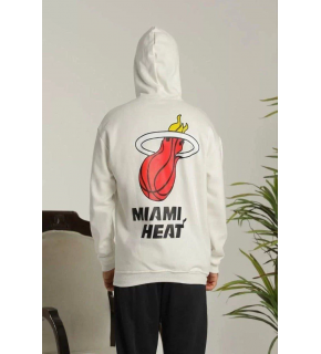 Erkek 3 İplik Pamuklu Kapüşonlu Baskılı Cepli Oversize Sweatshirt Hoodie - Beyaz