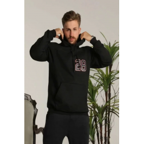 Erkek 3 İplik Pamuklu Kapüşonlu Baskılı Cepli Oversize Sweatshirt Hoodie - Siyah