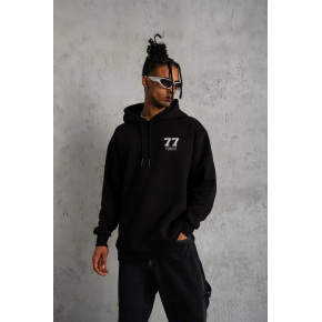 Erkek 3 İplik Pamuklu Kapüşonlu Baskılı Cepli Oversize Sweatshirt Hoodie - Siyah