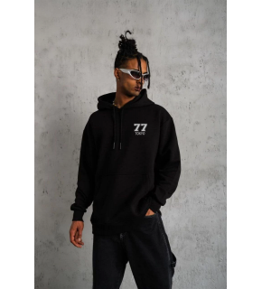 Erkek 3 İplik Pamuklu Kapüşonlu Baskılı Cepli Oversize Sweatshirt Hoodie - Siyah