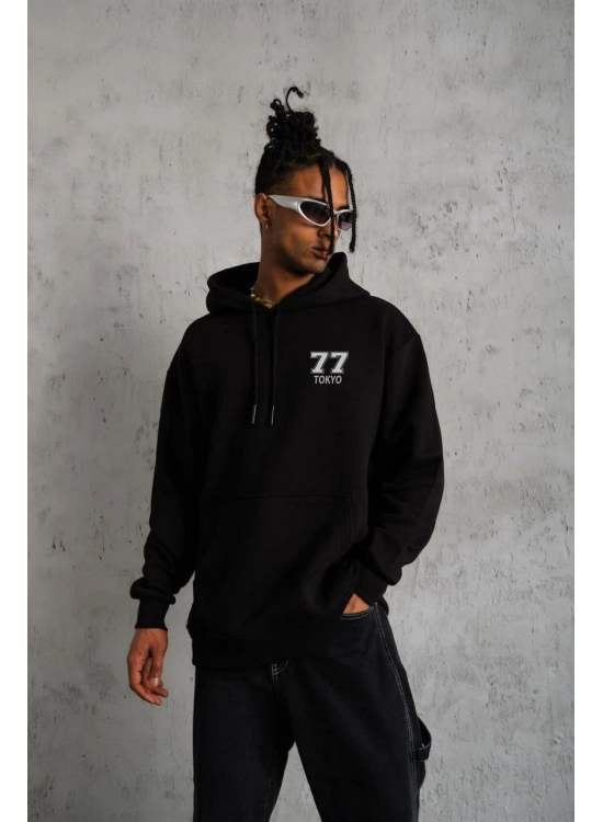 Erkek 3 İplik Pamuklu Kapüşonlu Baskılı Cepli Oversize Sweatshirt Hoodie - Siyah Erkek 3 İplik Pamuklu Kapüşonlu Baskılı Cepli Oversize Sweatshirt Hoodie - Siyah