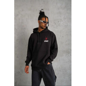 Erkek 3 İplik Pamuklu Kapüşonlu Baskılı Cepli Oversize Sweatshirt Hoodie - Siyah
