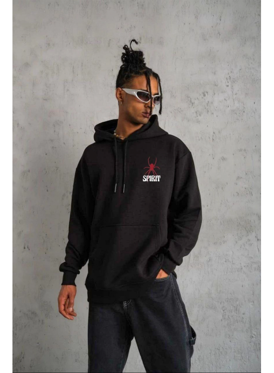 Erkek 3 İplik Pamuklu Kapüşonlu Baskılı Cepli Oversize Sweatshirt Hoodie - Siyah Erkek 3 İplik Pamuklu Kapüşonlu Baskılı Cepli Oversize Sweatshirt Hoodie - Siyah