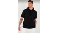 Erkek Kapüşonlu Tişört Kısa Kol Düz Oversize T-shirt - Siyah Erkek Kapüşonlu Tişört Kısa Kol Düz Oversize T-shirt - Siyah