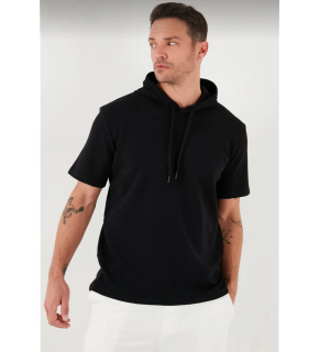 Erkek Kapüşonlu Tişört Kısa Kol Düz Oversize T-shirt - Siyah