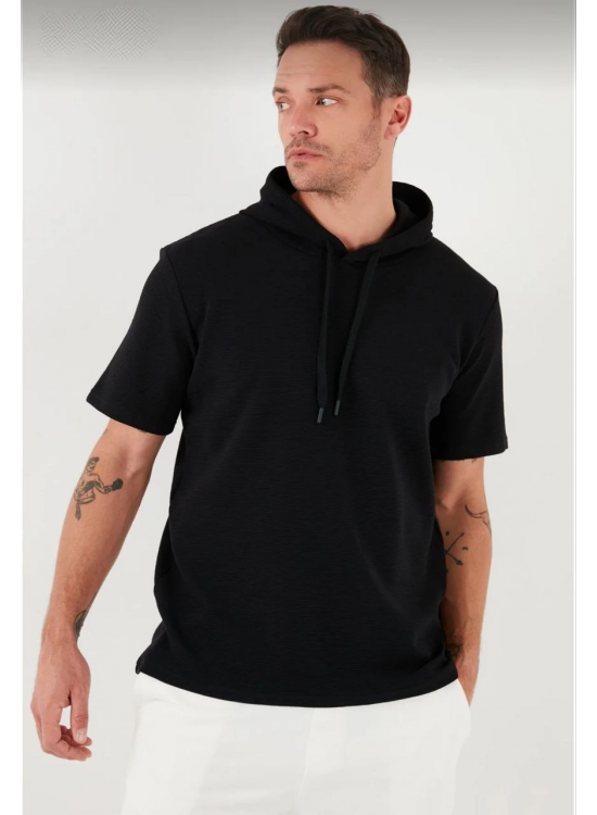 Erkek Kapüşonlu Tişört Kısa Kol Düz Oversize T-shirt - Siyah Erkek Kapüşonlu Tişört Kısa Kol Düz Oversize T-shirt - Siyah