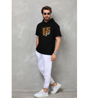 Erkek Kapüşonlu Kısa Kol Oversize Baskılı T-Shirt - Siyah