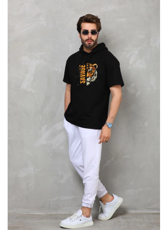 Erkek Kapüşonlu Kısa Kol Oversize Baskılı T-Shirt - Siyah Erkek Kapüşonlu Kısa Kol Oversize Baskılı T-Shirt - Siyah