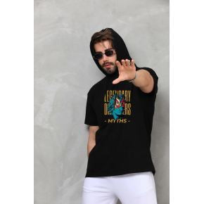 Erkek Kapüşonlu Kolsuz Oversize Baskılı Tişört - Siyah