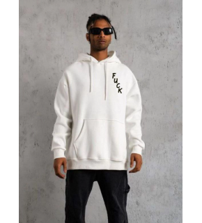 Erkek 3 İplik Pamuklu Kapüşonlu Baskılı Cepli Oversize Sweatshirt Hoodie - Beyaz