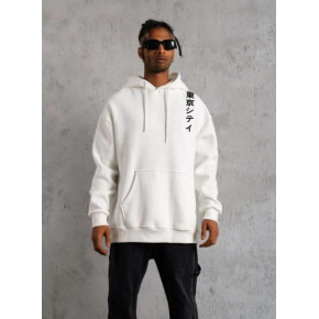 Erkek 3 İplik Pamuklu Kapüşonlu Baskılı Cepli Oversize Sweatshirt Hoodie - Beyaz