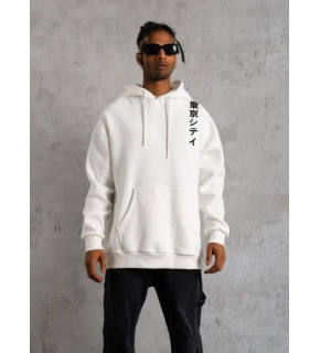 Erkek 3 İplik Pamuklu Kapüşonlu Baskılı Cepli Oversize Sweatshirt Hoodie - Beyaz
