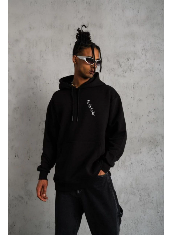Erkek 3 İplik Pamuklu Kapüşonlu Baskılı Cepli Oversize Sweatshirt Hoodie - Siyah Erkek 3 İplik Pamuklu Kapüşonlu Baskılı Cepli Oversize Sweatshirt Hoodie - Siyah