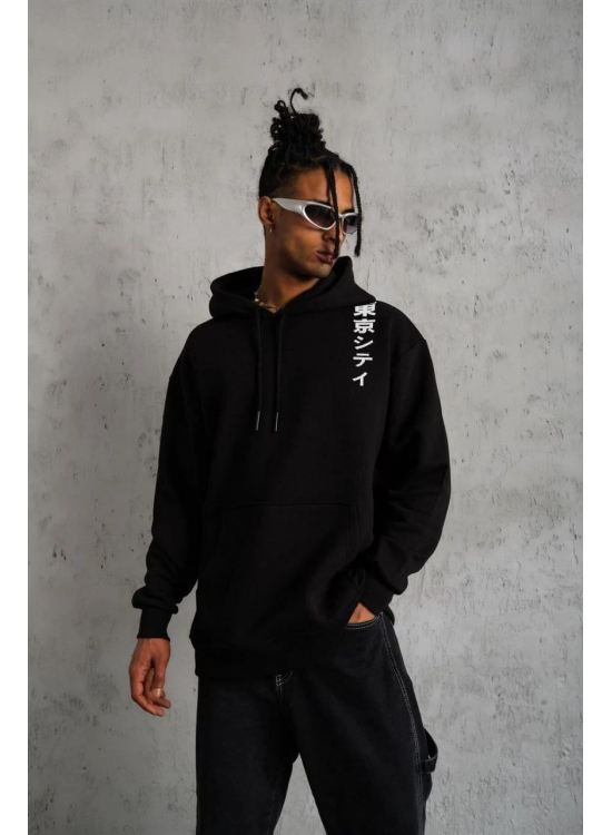 Erkek 3 İplik Pamuklu Kapüşonlu Baskılı Cepli Oversize Sweatshirt Hoodie - Siyah Erkek 3 İplik Pamuklu Kapüşonlu Baskılı Cepli Oversize Sweatshirt Hoodie - Siyah