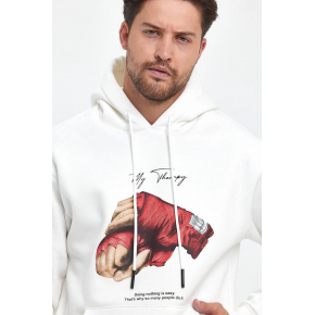 Erkek 3 İplik Pamuklu Kapüşonlu Cepli Box Eldiven Baskılı Hoodie Sweatshirt - Beyaz