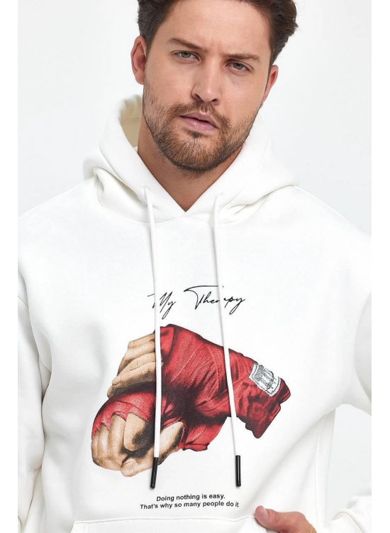 Erkek 3 İplik Pamuklu Kapüşonlu Cepli Box Eldiven Baskılı Hoodie Sweatshirt - Beyaz Erkek 3 İplik Pamuklu Kapüşonlu Cepli Box Eldiven Baskılı Hoodie Sweatshirt - Beyaz