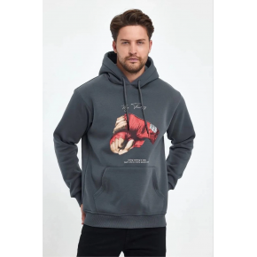 Erkek 3 İplik Pamuklu Kapüşonlu Cepli Boks Eldiven Baskılı Hoodie Sweatshirt - Füme