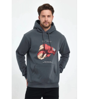 Erkek 3 İplik Pamuklu Kapüşonlu Cepli Boks Eldiven Baskılı Hoodie Sweatshirt - Füme
