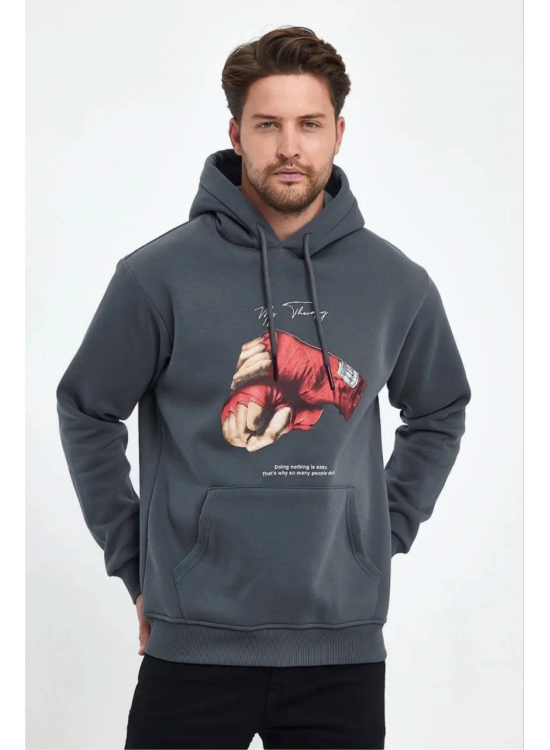 Erkek 3 İplik Pamuklu Kapüşonlu Cepli Boks Eldiven Baskılı Hoodie Sweatshirt - Füme Erkek 3 İplik Pamuklu Kapüşonlu Cepli Boks Eldiven Baskılı Hoodie Sweatshirt - Füme