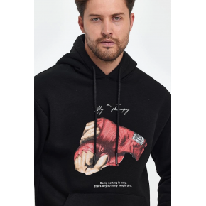 Erkek 3 İplik Pamuklu Kapüşonlu Cepli Boxy Eldiven Baskılı Hoodie Sweatshirt - Siyah