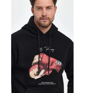 Erkek 3 İplik Pamuklu Kapüşonlu Cepli Boxy Eldiven Baskılı Hoodie Sweatshirt - Siyah