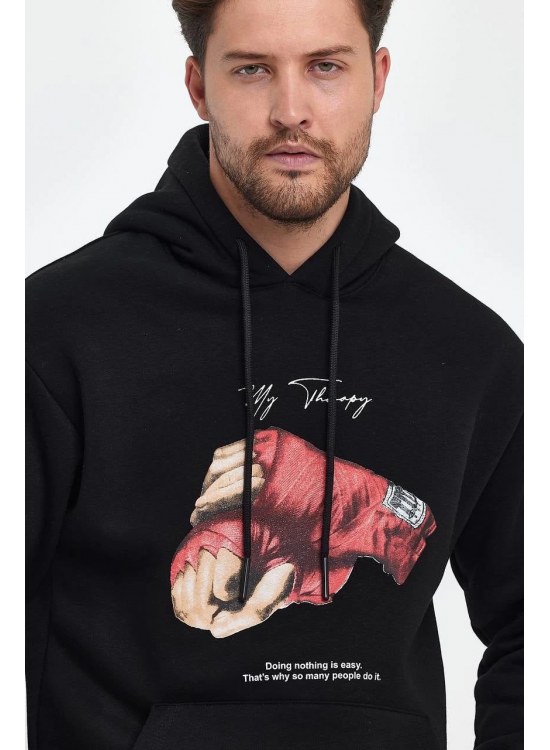 Erkek 3 İplik Pamuklu Kapüşonlu Cepli Boxy Eldiven Baskılı Hoodie Sweatshirt - Siyah Erkek 3 İplik Pamuklu Kapüşonlu Cepli Boxy Eldiven Baskılı Hoodie Sweatshirt - Siyah