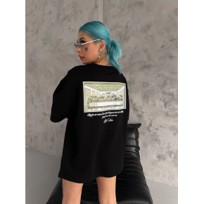 Kadın Baskılı T-Shirt Kısa Kol Bisiklet Yaka Oversize Rahat Kalıp Günlük Tişört - Siyah