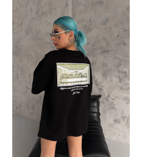 Kadın Baskılı T-Shirt Kısa Kol Bisiklet Yaka Oversize Rahat Kalıp Günlük Tişört - Siyah