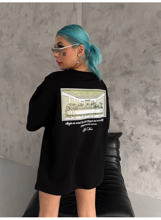 Kadın Baskılı T-Shirt Kısa Kol Bisiklet Yaka Oversize Rahat Kalıp Günlük Tişört - Siyah Kadın Baskılı T-Shirt Kısa Kol Bisiklet Yaka Oversize Rahat Kalıp Günlük Tişört - Siyah