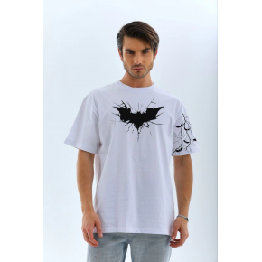 ERKEK Bisiklet yaka tişort Ön ve Kol YARASA Baskılı T-shirt - Beyaz