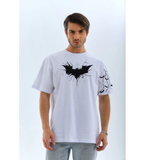 ERKEK Bisiklet yaka tişort Ön ve Kol YARASA Baskılı T-shirt - Beyaz