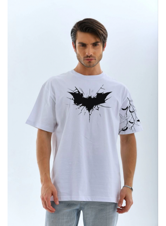 ERKEK Bisiklet yaka tişort Ön ve Kol YARASA Baskılı T-shirt - Beyaz ERKEK Bisiklet yaka tişort Ön ve Kol YARASA Baskılı T-shirt - Beyaz