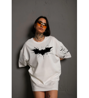 Kadın Bisiklet yaka tişort Ön ve Kol Yarasa Baskılı T-shirt  - Beyaz
