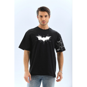 ERKEK Bisiklet yaka tişort Ön ve Kol YARASA Baskılı T-shirt - Siyah