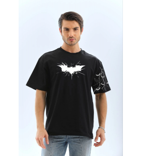 ERKEK Bisiklet yaka tişort Ön ve Kol YARASA Baskılı T-shirt - Siyah