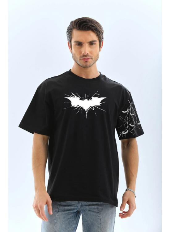 ERKEK Bisiklet yaka tişort Ön ve Kol YARASA Baskılı T-shirt - Siyah ERKEK Bisiklet yaka tişort Ön ve Kol YARASA Baskılı T-shirt - Siyah
